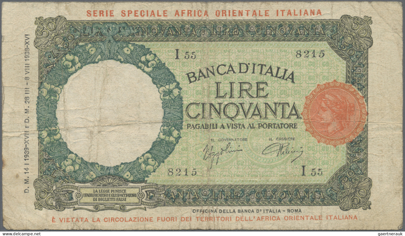 Italian East Africa: Banca D'Italia – With Overprint "SERIE SPECIALE AFRICA ORIE - Africa Oriental Italiana