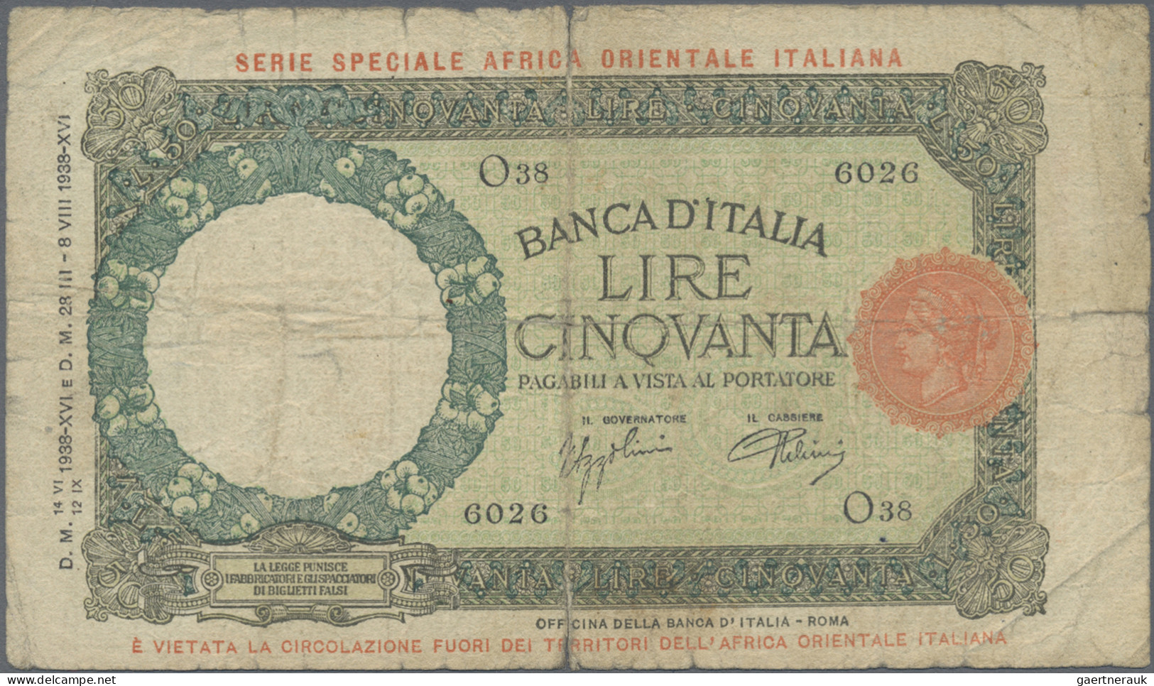 Italian East Africa: Banca D'Italia – With Overprint "SERIE SPECIALE AFRICA ORIE - Italian East Africa
