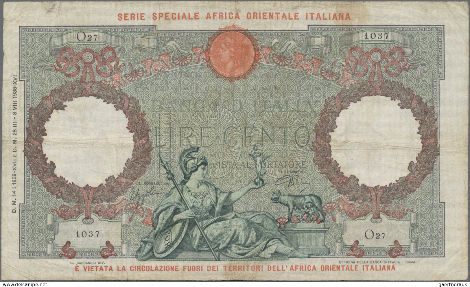 Italian East Africa: Banca D'Italia – With Overprint "SERIE SPECIALE AFRICA ORIE - Italienisch Ostafrika