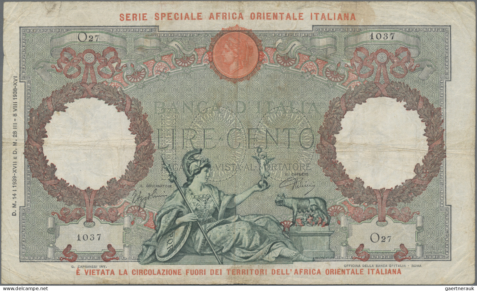 Italian East Africa: Banca D'Italia – With Overprint "SERIE SPECIALE AFRICA ORIE - Afrique Orientale Italienne