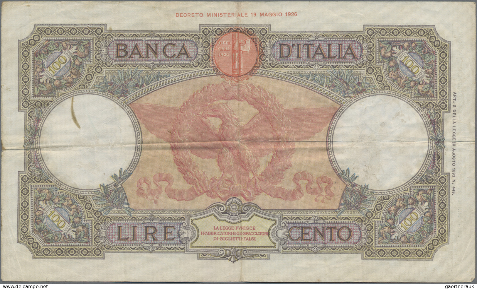 Italy: Set Of 3 Notes 100 Lire 1935/35/36 P. 55, All Used With Folds, Border Tea - Andere & Zonder Classificatie