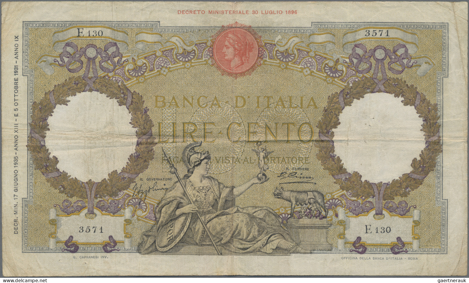 Italy: Set Of 3 Notes 100 Lire 1935/35/36 P. 55, All Used With Folds, Border Tea - Other & Unclassified