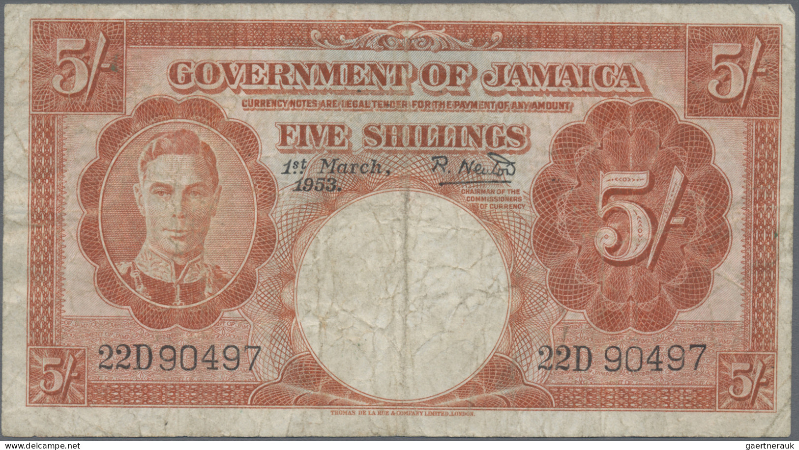 Jamaica: Government Of Jamaica, Pair With 5 Shillings 15th June 1950 (P.37a, F) - Jamaica