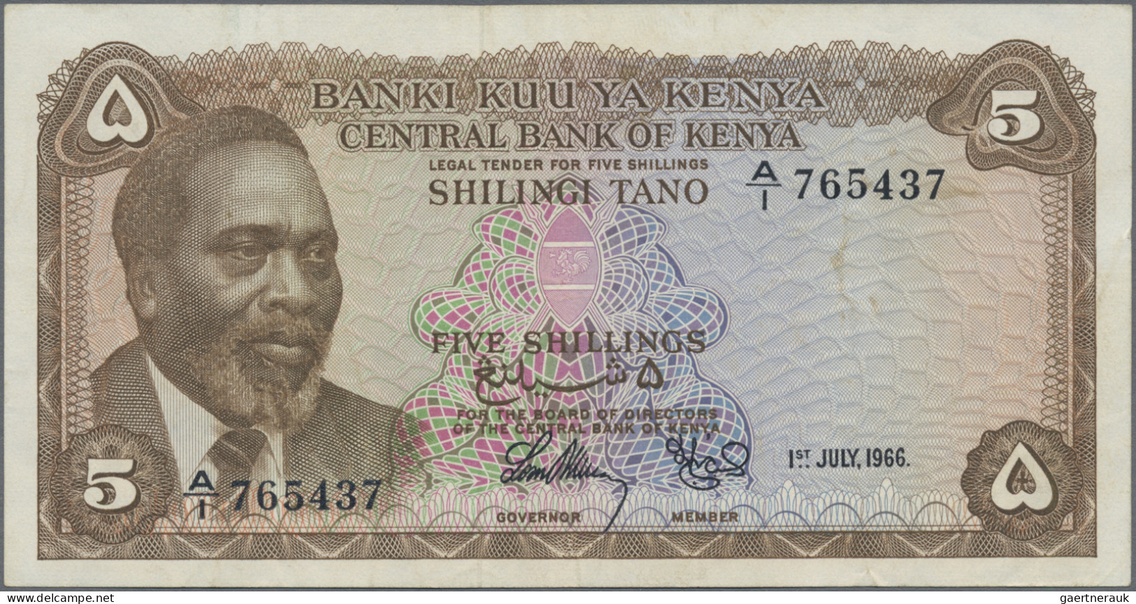 Kenya: Central Bank of Kenya, lot with 5 banknotes, series 1966/68, with 5, 10,