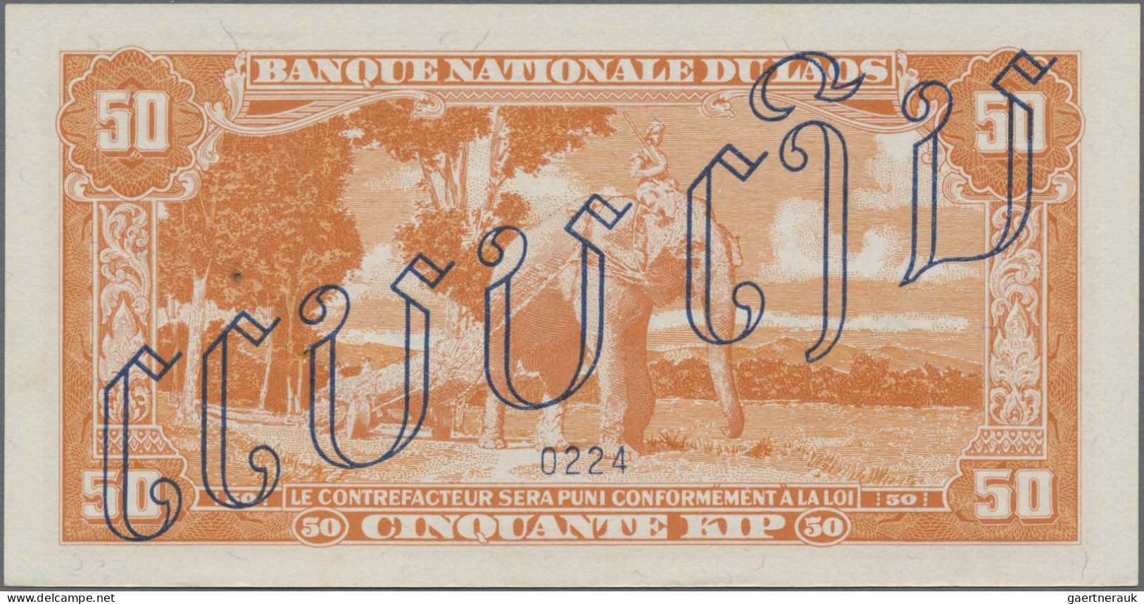 Laos: Banque Nationale Du Laos, 50 Kip ND(1957) SPECIMEN, P.5s2, Tiny Rusty Pinh - Laos