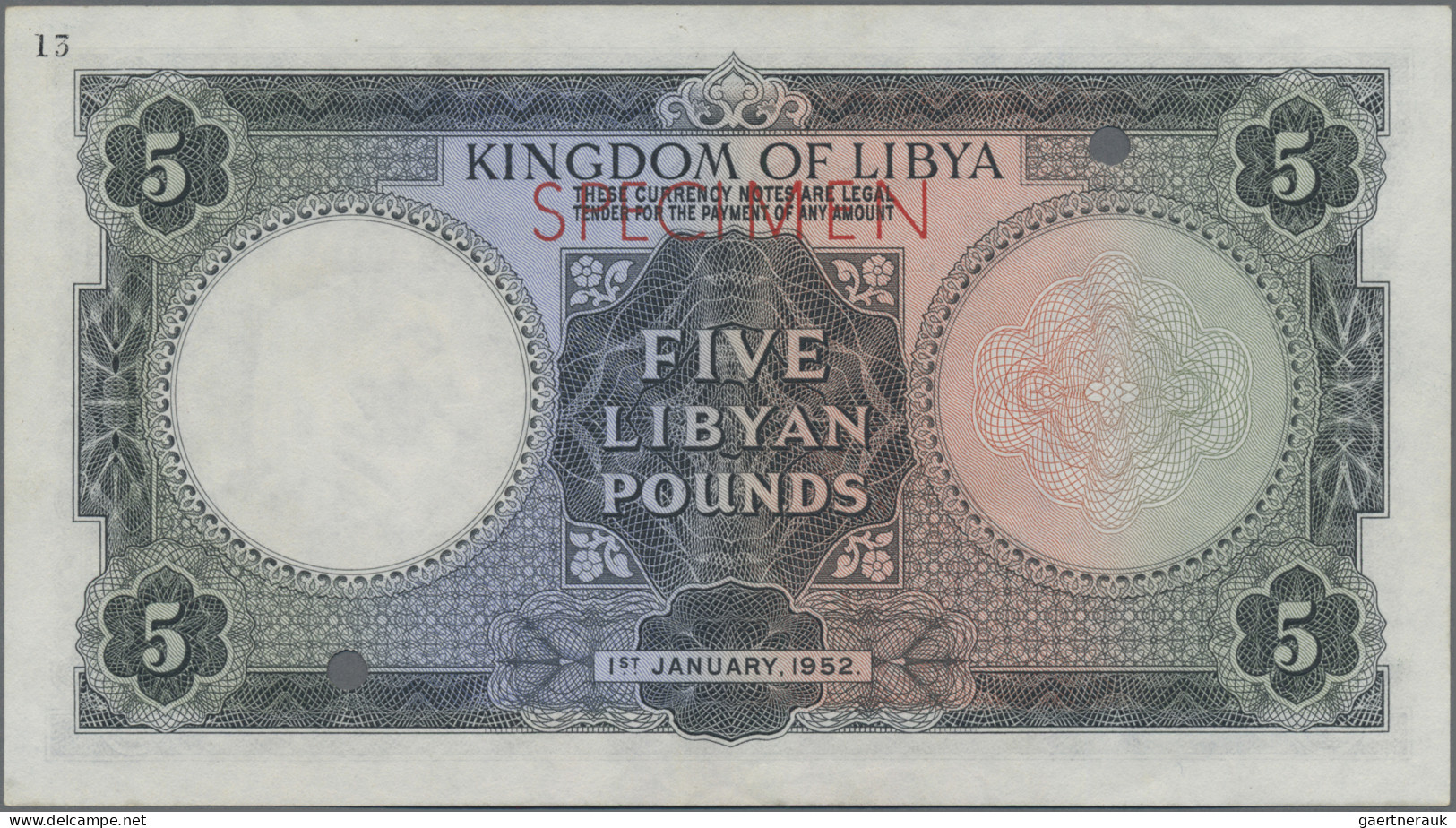 Libya: Kingdom Of Libya, 5 Libyan Pounds 1st January 1952 Colour Trial SPECIMEN, - Libye