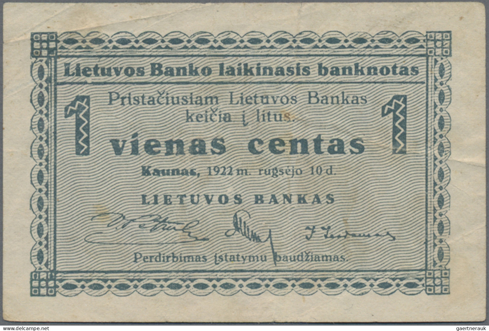 Lithuania: Very Nice Set With 5 Banknotes, Series 1922, Comprising 1 Centas (P.1 - Lituanie