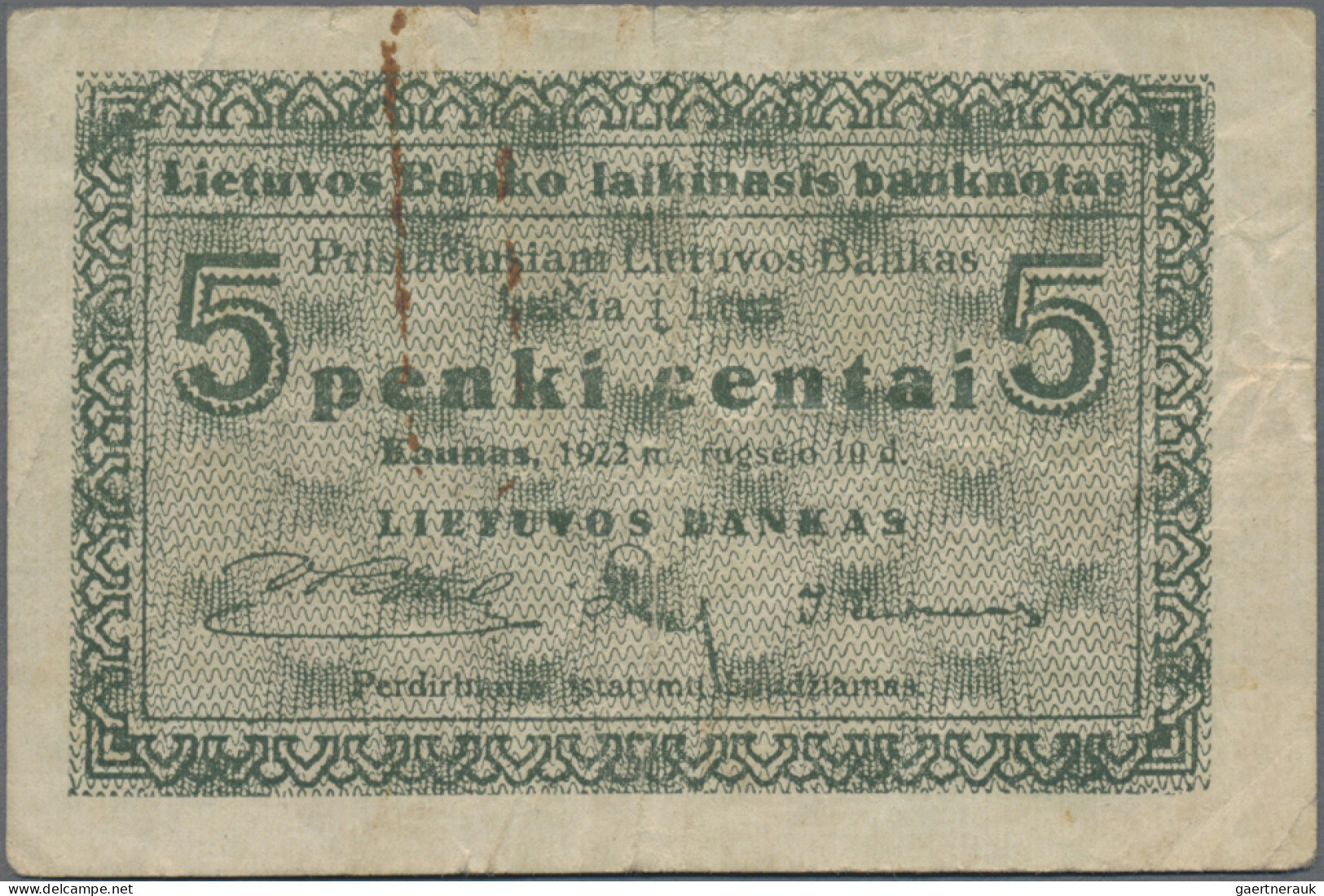 Lithuania: Very Nice Set With 5 Banknotes, Series 1922, Comprising 1 Centas (P.1 - Litouwen