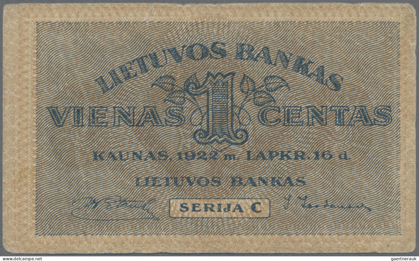 Lithuania: Lietuvos Bankas, Set With 4 Banknotes, Series 1922, With 1 Centas (P. - Lituania