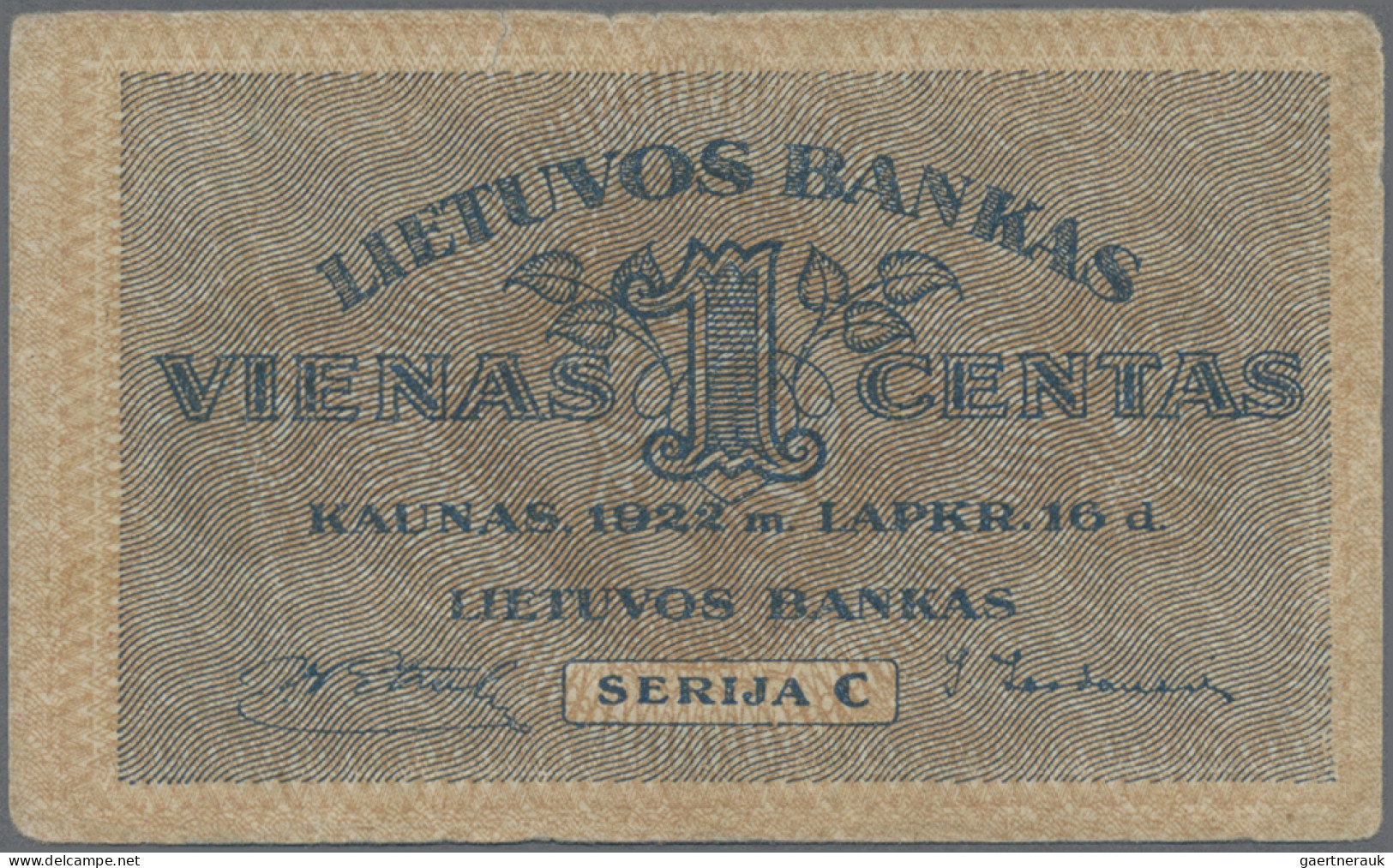 Lithuania: Lietuvos Bankas, Set With 4 Banknotes, Series 1922, With 1 Centas (P. - Lithuania