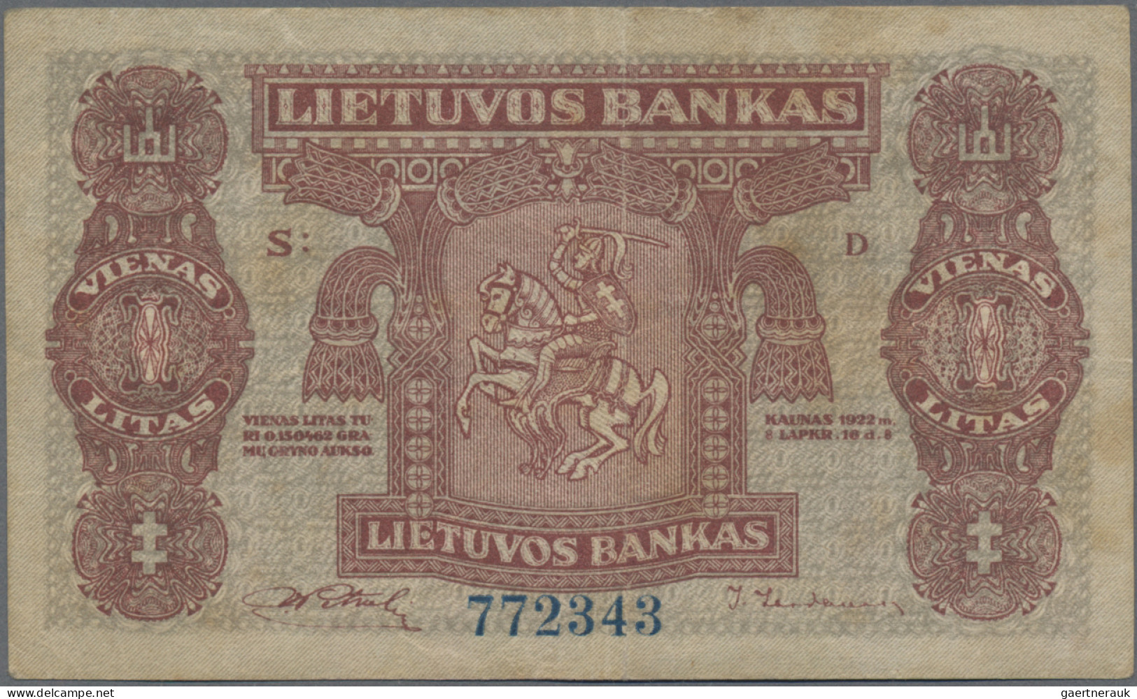 Lithuania: Lietuvos Bankas, Series 1924, With 1 Litas (P.13, VF/VF+, Small Stain - Lituania