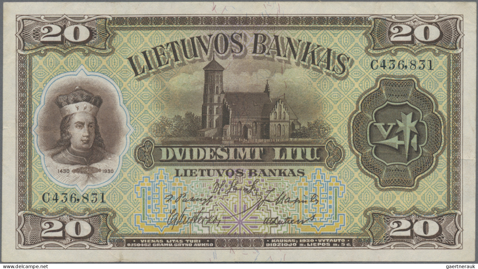 Lithuania: Lietuvos Bankas, Pair With 5 Litai 1928 (P.26, XF/XF+) And 20 Litu 19 - Lituanie