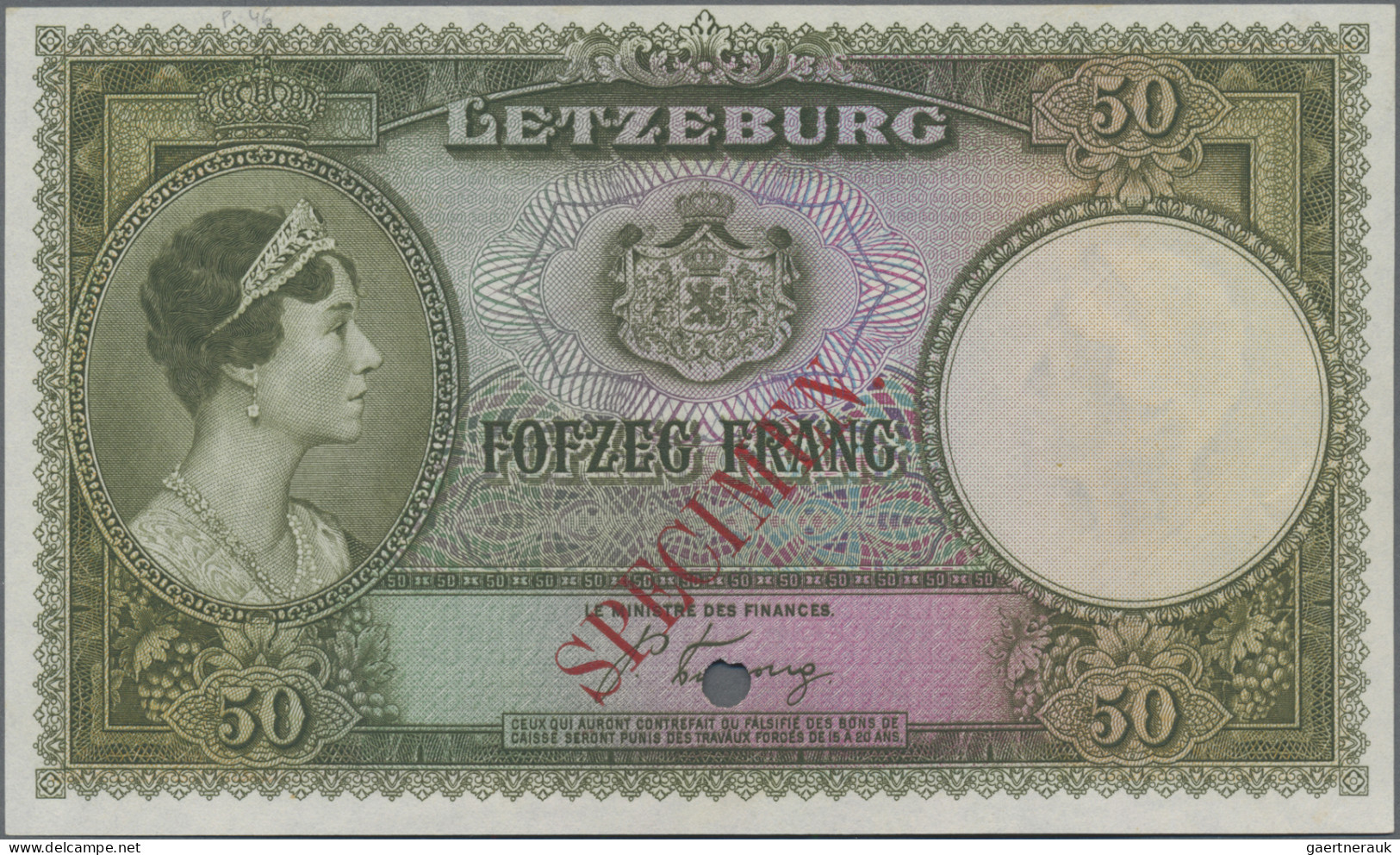 Luxembourg: Grand-Duché De Luxembourg, 50 Francs ND(1944) SPECIMEN, P.45s Withou - Luxembourg