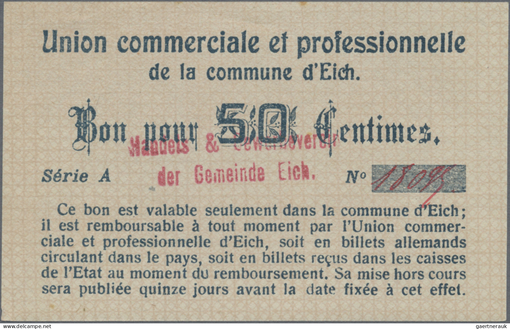 Luxembourg: Eich, Gemeinde, Handels- Und Gewerbeverein, 25, 50 Centimes, O. D., - Luxembourg