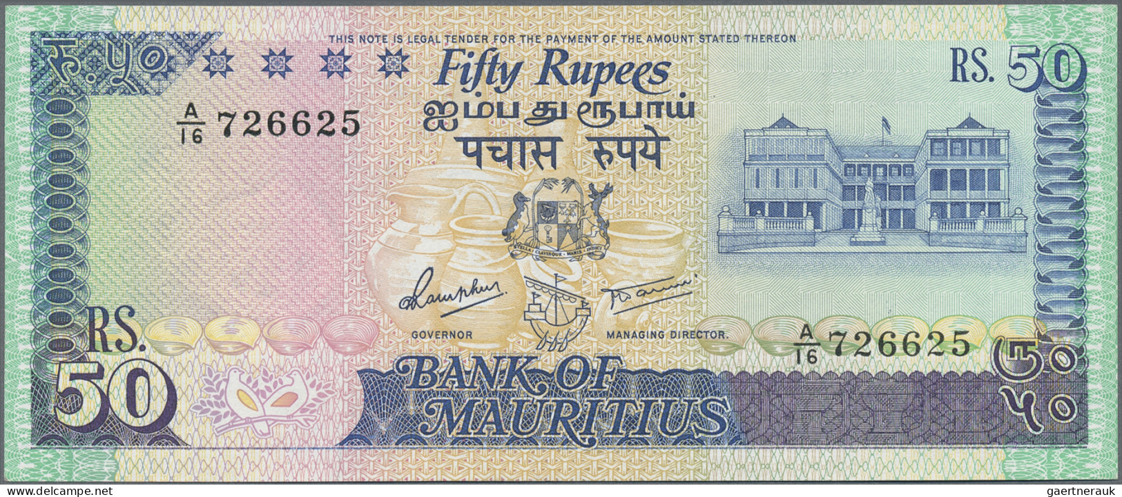 Mauritius: Bank of Mauritius, lot with 5 banknotes, series 1985/86, with 5 Rupee