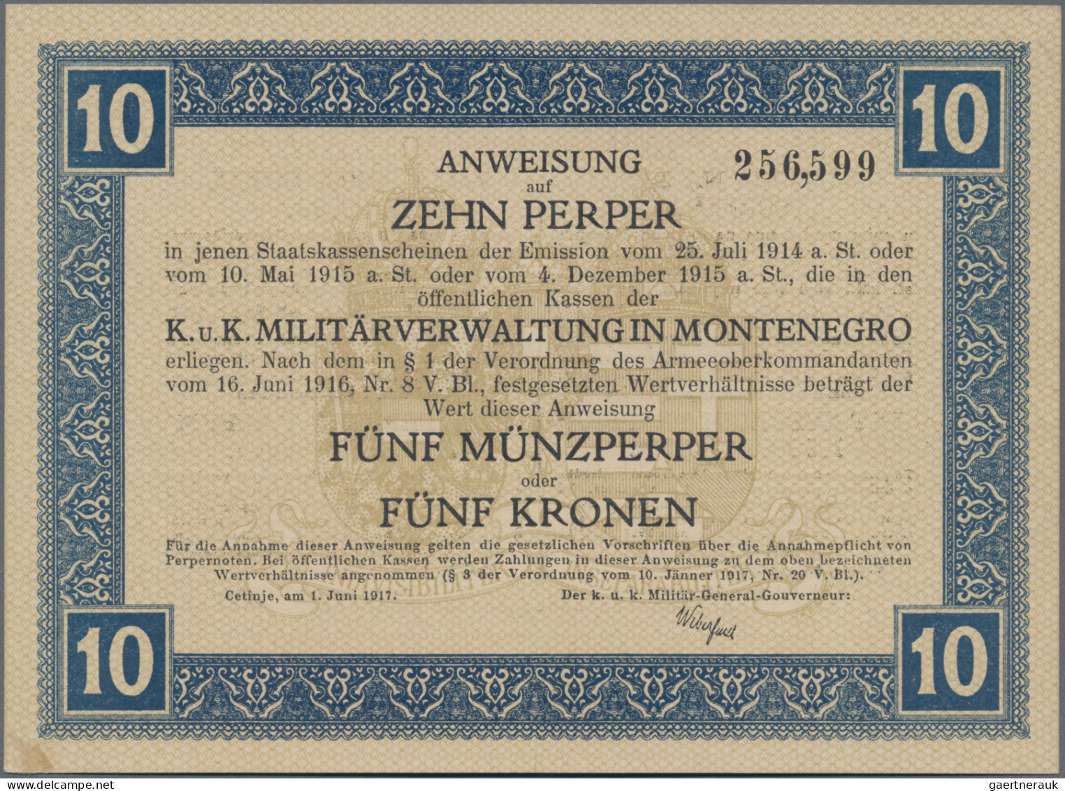 Montenegro: K.u.K. Militärverwaltung In Montenegro, 10 Perper 1917, P.M151, Almo - Andere - Europa