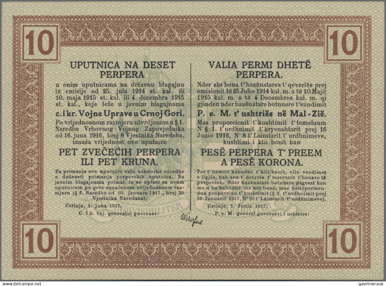 Montenegro: K.u.K. Militärverwaltung In Montenegro, 10 Perper 1917, P.M151, Almo - Autres - Europe