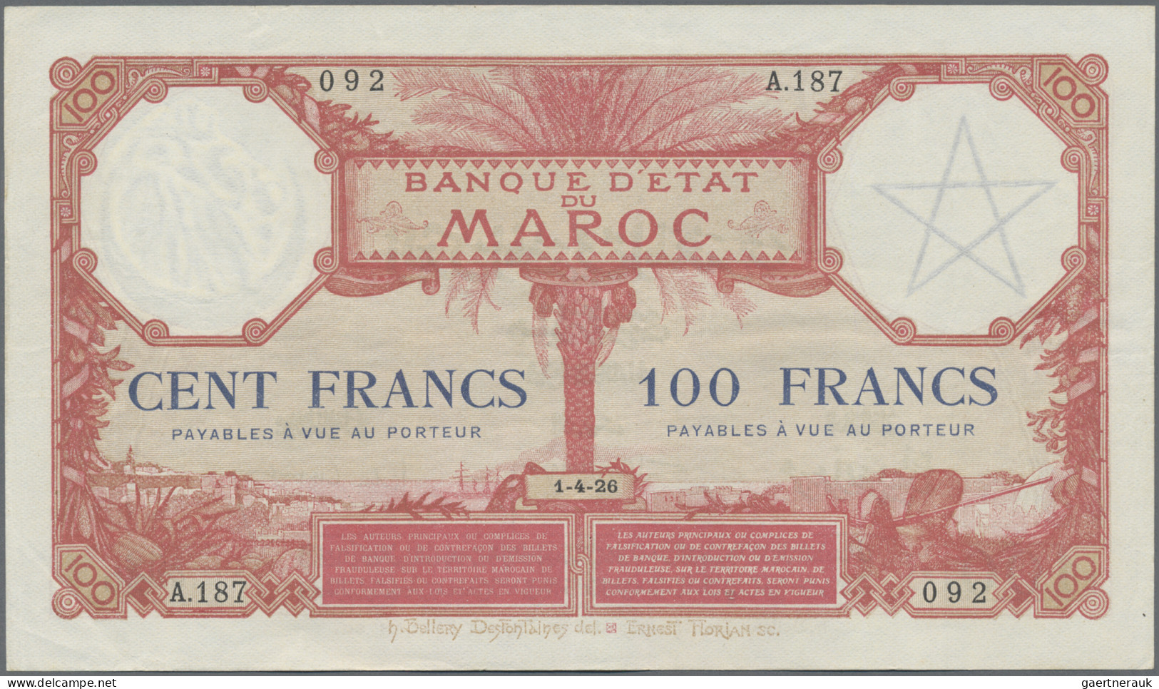 Morocco: Banque D'État Du Maroc, 100 Francs 1926, P.14, Exceptional Nice Conditi - Morocco