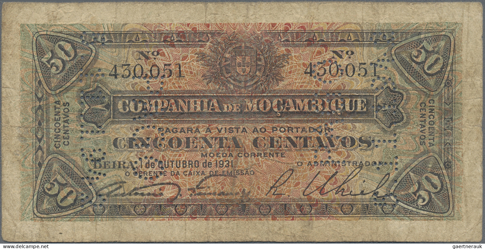 Mozambique: Companhía De Moçambique, Lot With 4 Banknotes, 1919-1933 Series, Wit - Moçambique