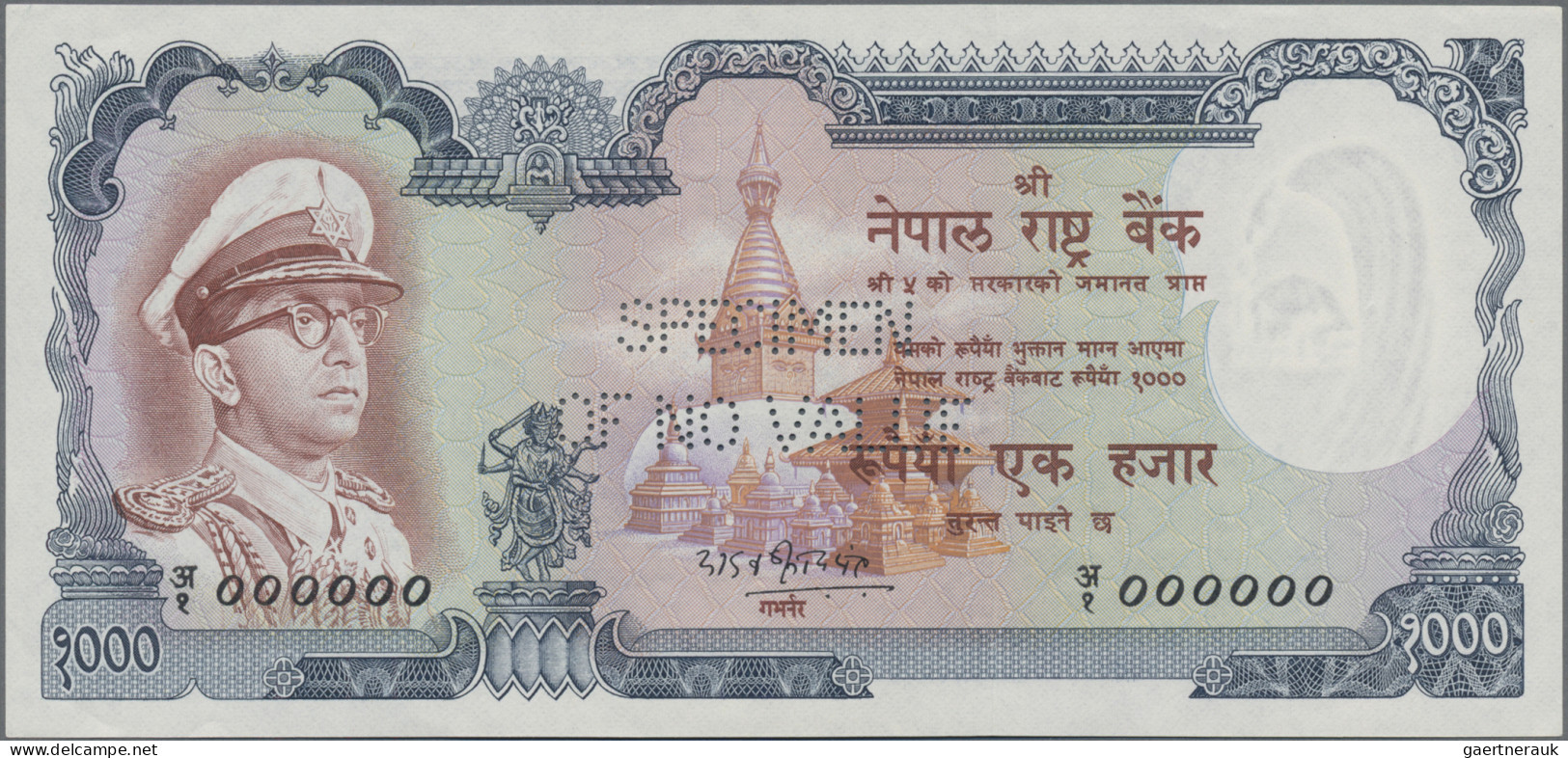Nepal: Nepal Rastra Bank, 1.000 Rupees ND(1972) SPECIMEN, P.21s With Signature: - Népal