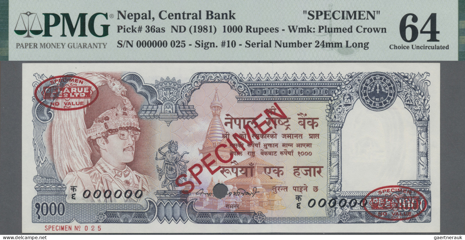 Nepal: Nepal Rastra Bank, 1.000 Rupees ND(1981) SPECIMEN, P.36as With Signature: - Népal