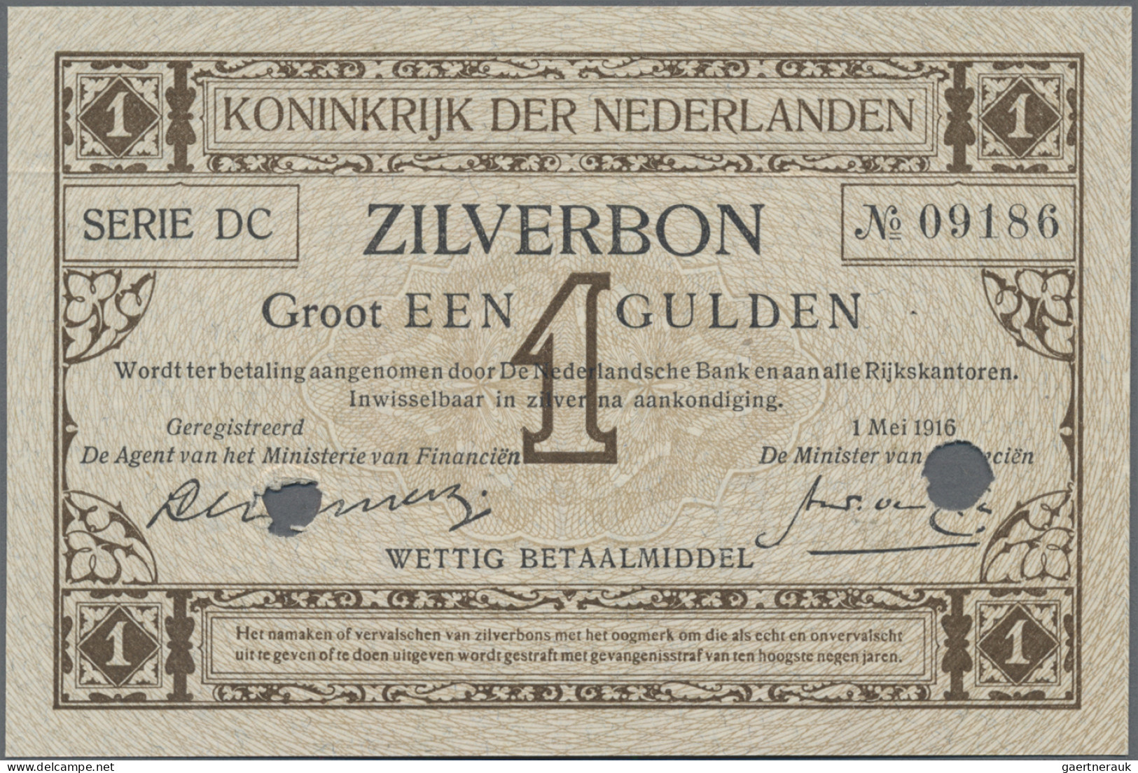 Netherlands: Ministerie Van Financiën, 1 Gulden Zilverbon 1915, P.8 With Cancell - Sonstige & Ohne Zuordnung