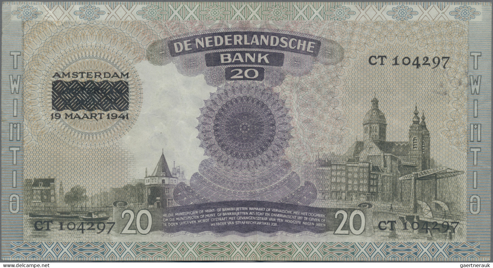 Netherlands: De Nederlandsche Bank, 20 Gulden With Overprint "Amsterdam 19 Maart - Autres & Non Classés