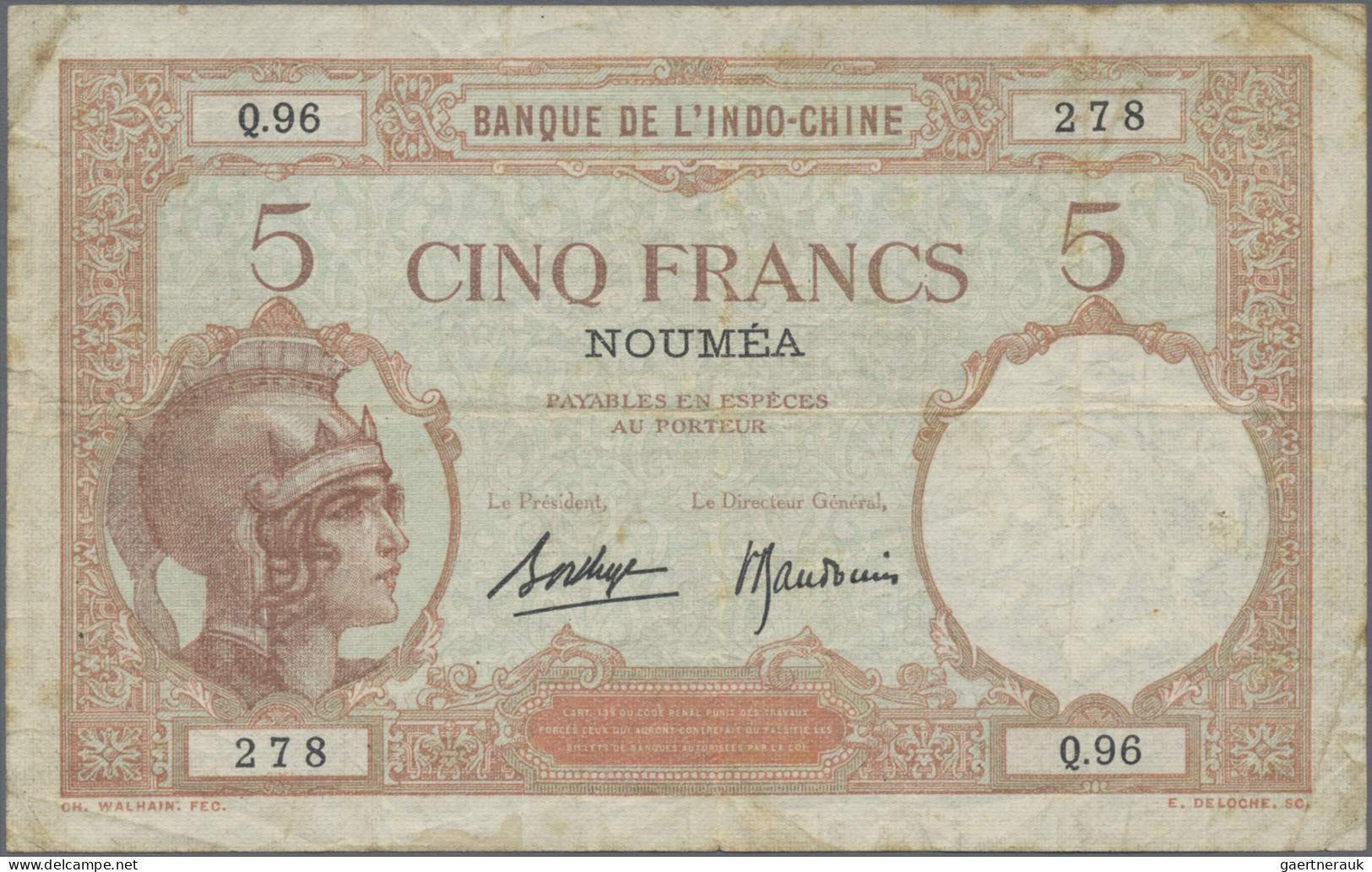 New Caledonia: Banque De L'Indochine – NOUMEA, Lot With 5 Francs ND(1926) (P.36, - Numea (Nueva Caledonia 1873-1985)