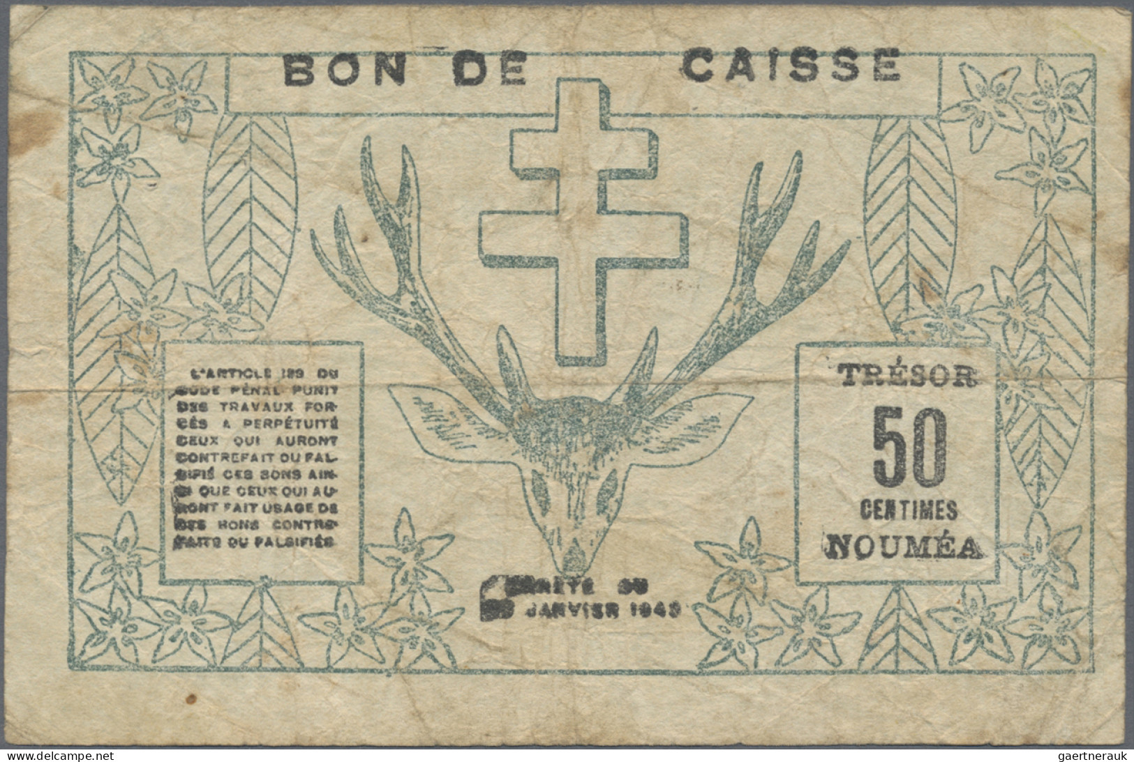 New Caledonia: Trésorerie de Nouméa, lot with 6 banknotes WW II Emergency Issues