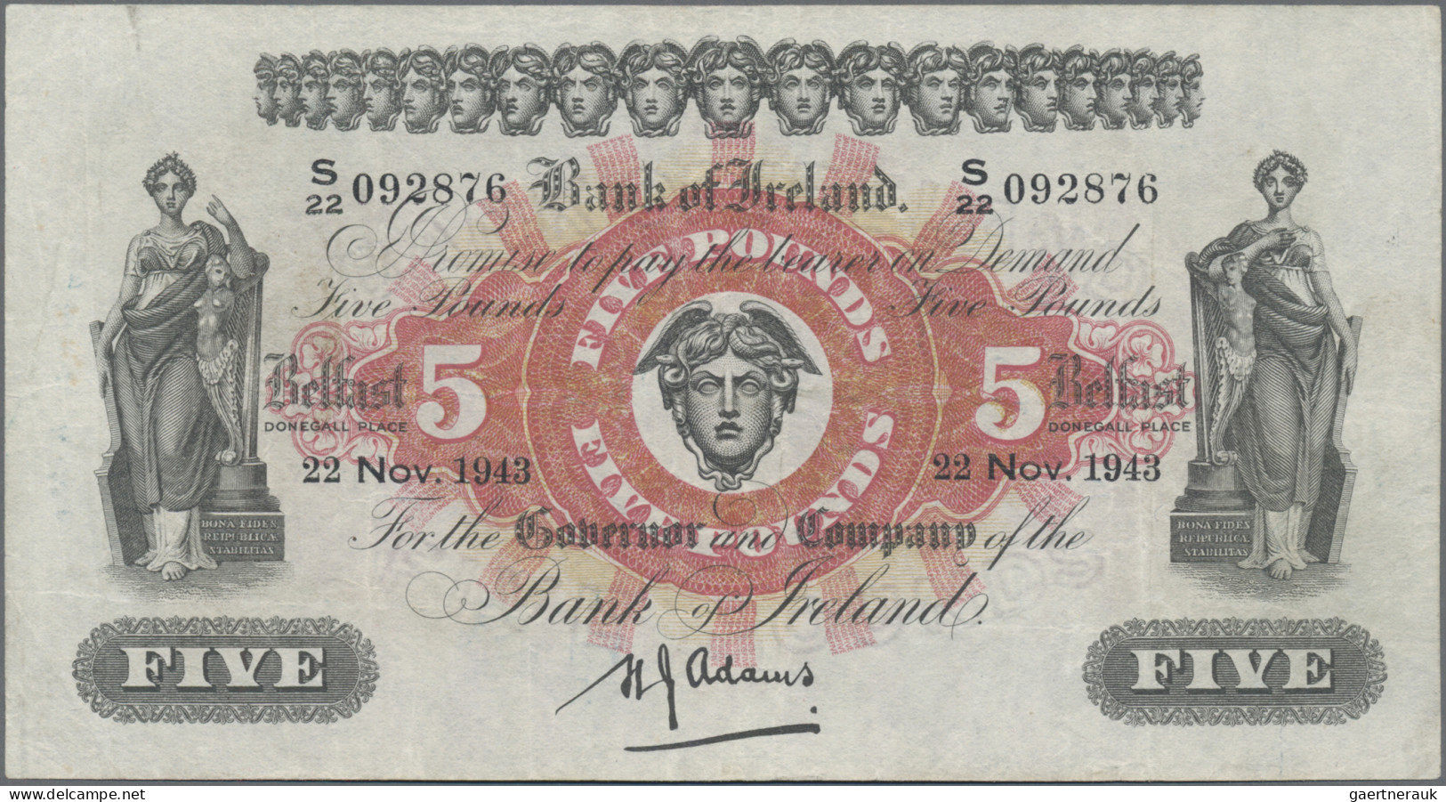 Northern Ireland: Bank Of Ireland, 5 Pounds 22nd November 1943, P.52c, Very Nice - Otros & Sin Clasificación