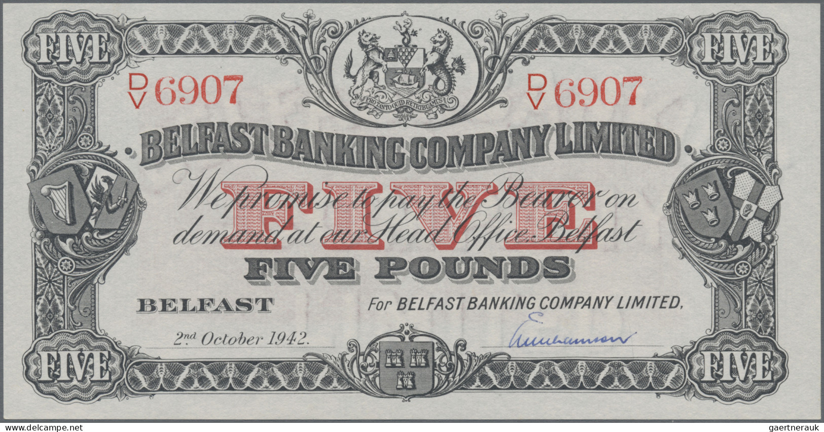 Northern Ireland: Belfast Banking Company Limited, 5 Pounds 2nd October 1942, P. - Sonstige & Ohne Zuordnung