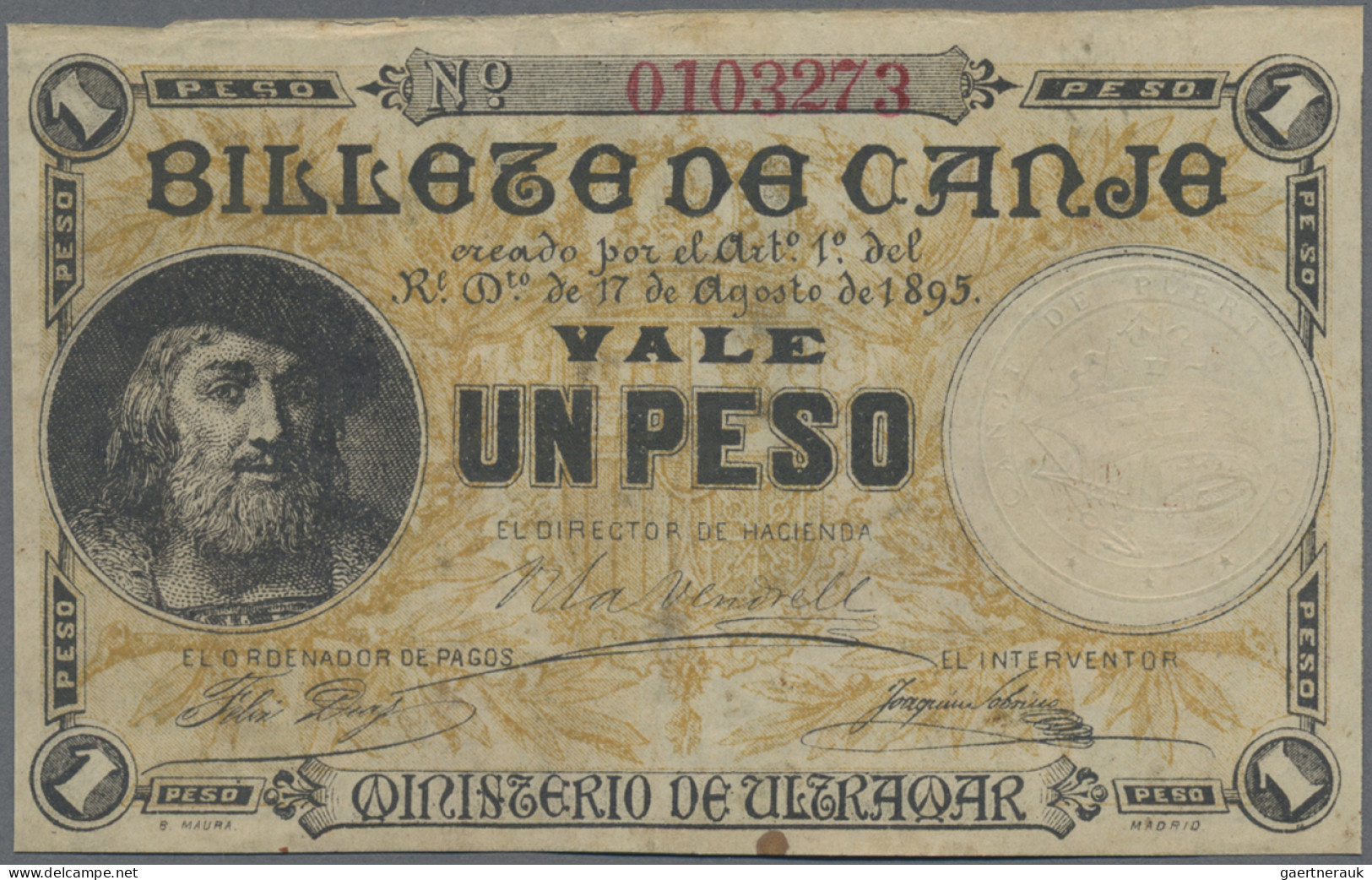 Puerto Rico: Ministerio De Ultramar – BILLETE DE CANJE, 1 Peso 1895 Without Coun - Puerto Rico