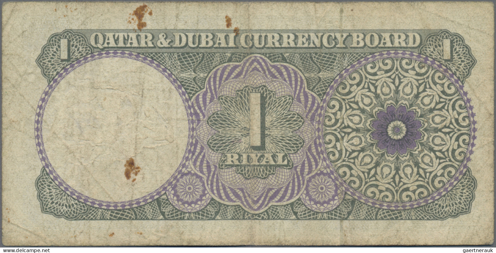Qatar & Dubai: Qatar & Dubai Currency Board, 1 Riyal ND(1960's), P.1, Graffiti R - Emirati Arabi Uniti