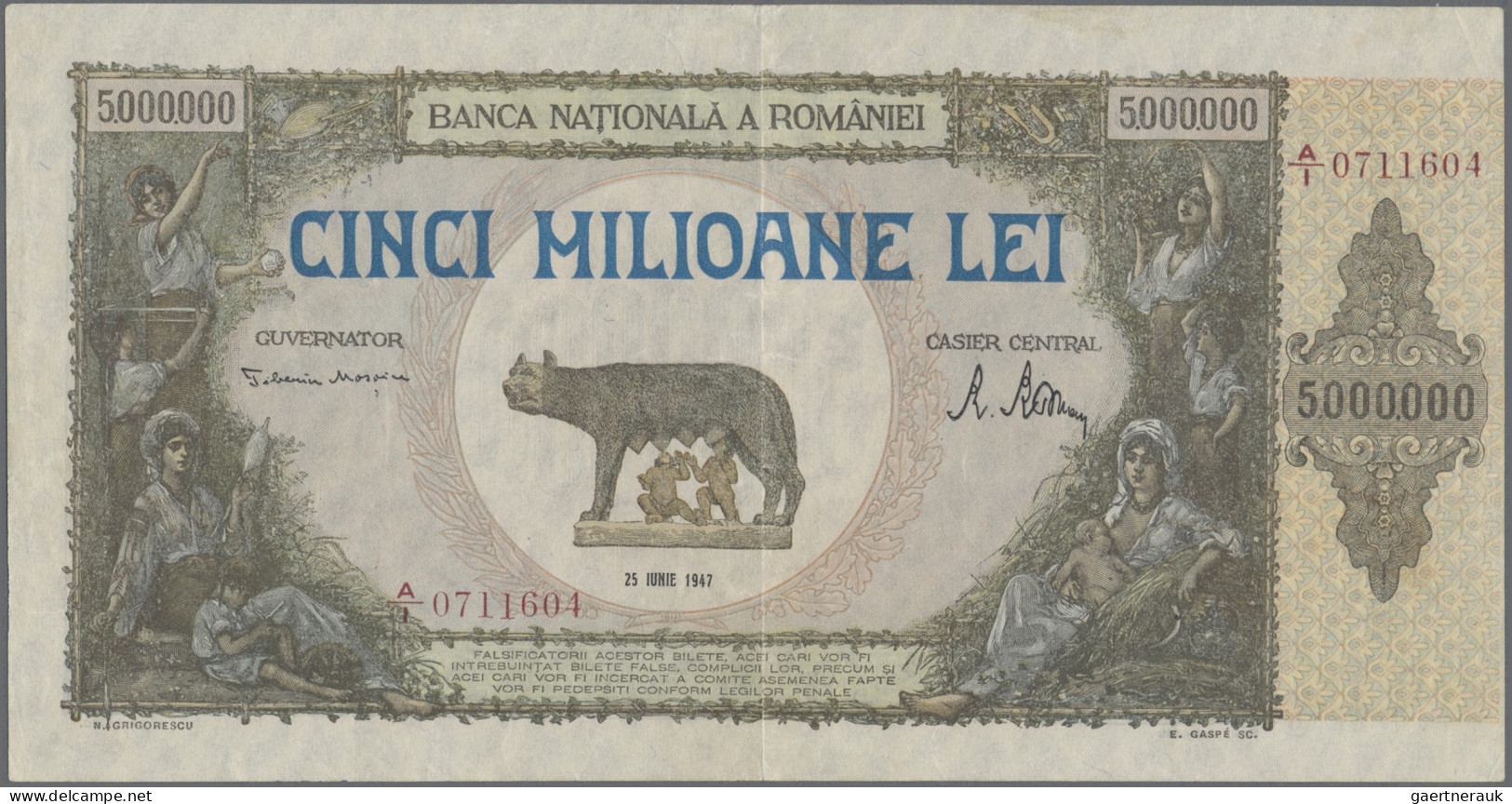 Romania: Banca Naţională A României, 5 Million Lei 1947, P.61a, Stronger Vertica - Roemenië