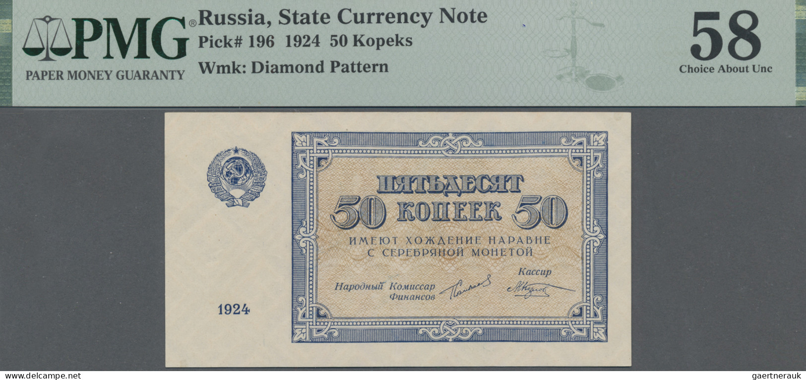 Russia - Bank Notes: USSR State Currency Note, 50 Kopeks 1924, P.196, PMG Graded - Russia