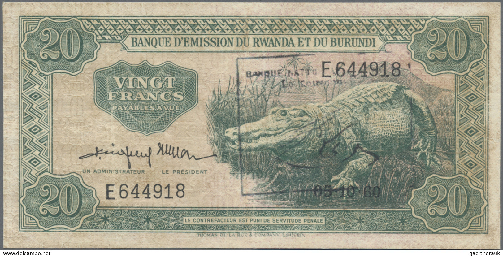 Rwanda: Banque Nationale Du Rwanda, 20 Francs 1960 (1962) With Handstamp "Banque - Rwanda