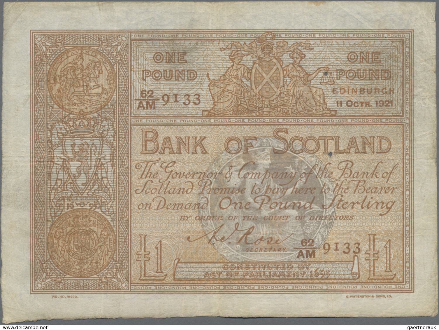 Scotland: Bank Of Scotland, 1 Pound 11th October 1921, Signature: Rose, P.81d, L - Otros & Sin Clasificación