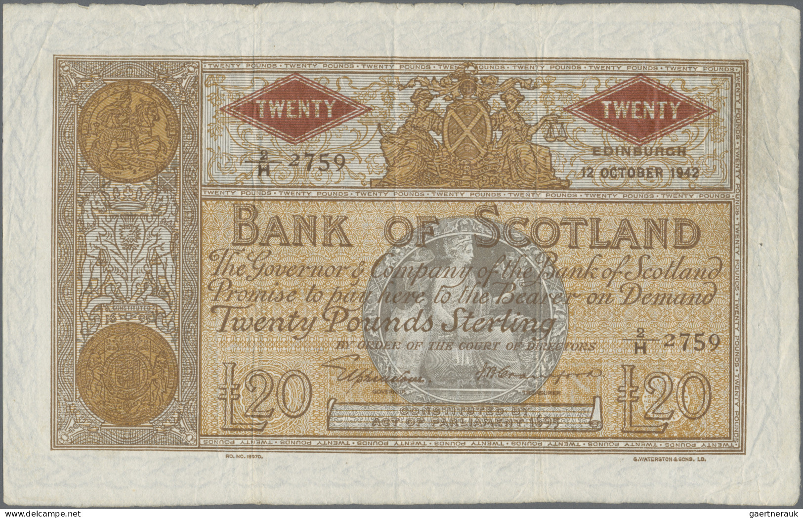 Scotland: Bank Of Scotland, 20 Pounds 12th October 1942, Signatures: Elphinstone - Sonstige & Ohne Zuordnung