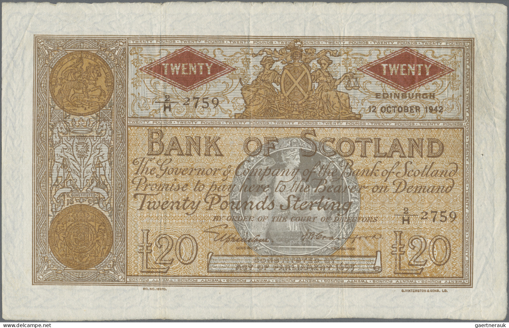 Scotland: Bank Of Scotland, 20 Pounds 12th October 1942, Signatures: Elphinstone - Andere & Zonder Classificatie