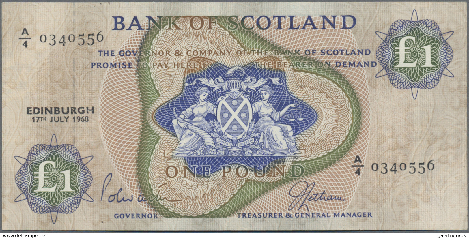 Scotland: Bank Of Scotland, Pair With 1 Pound 1968 (P.109a, VF+/XF, Some Minor S - Sonstige & Ohne Zuordnung