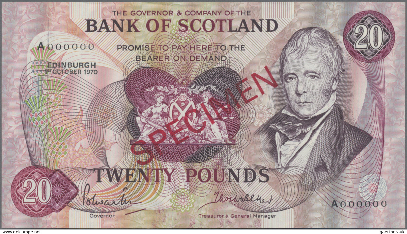 Scotland: Bank Of Scotland, 20 Pounds 1st October 1970 SPECIMEN, Signatures: Pol - Otros & Sin Clasificación