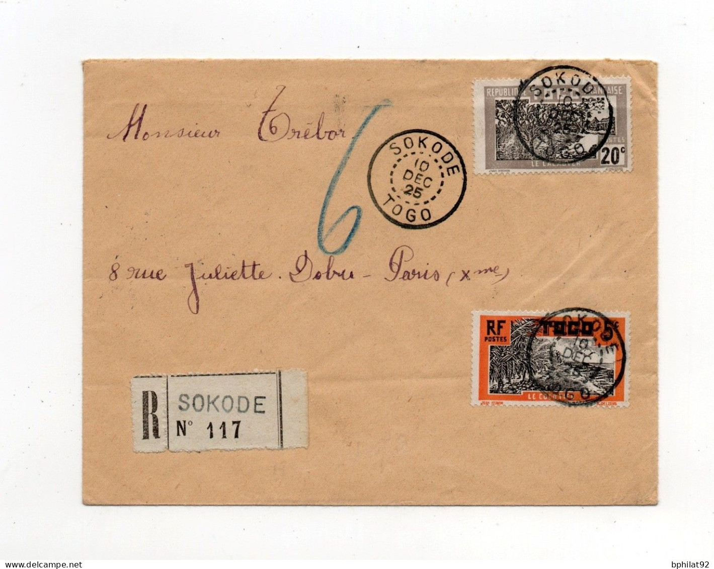!!! TOGO, LETTRE RECOMMANDEE DE SOKODE DU 10/12/1925 POUR PARIS, AFFRANCH RECTO VERSO - Brieven En Documenten