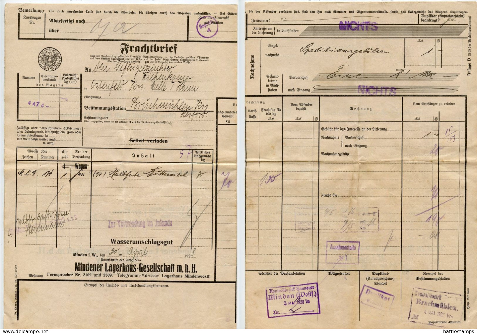 Germany 1928 Deutsche Reichsbahn-Gesellschaft Frachtbrief (Waybill); Minden To Bruchmühlen - Briefe U. Dokumente