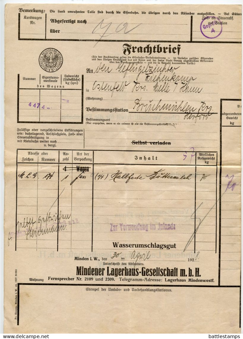 Germany 1928 Deutsche Reichsbahn-Gesellschaft Frachtbrief (Waybill); Minden To Bruchmühlen - Cartas & Documentos