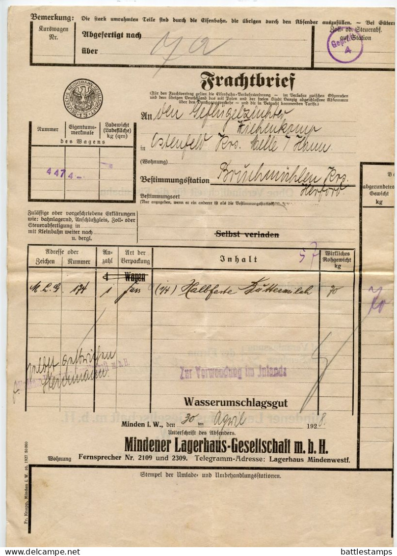 Germany 1928 Deutsche Reichsbahn-Gesellschaft Frachtbrief (Waybill); Minden To Bruchmühlen - Covers & Documents