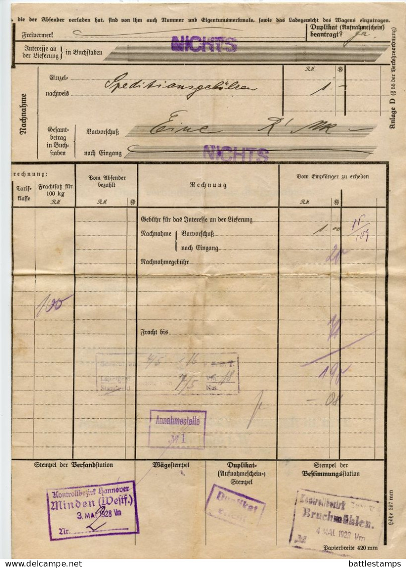 Germany 1928 Deutsche Reichsbahn-Gesellschaft Frachtbrief (Waybill); Minden To Bruchmühlen - Briefe U. Dokumente