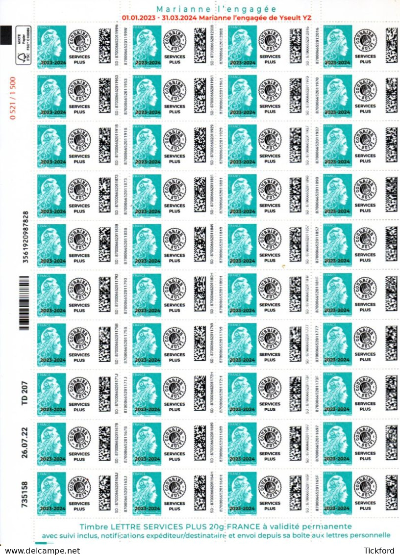 FRANCE 2024 - Neufs ** / MNH - Marianne L'Engagée Surchargée 2023 - 2024 - LS+, Feuille Complète - Unused Stamps