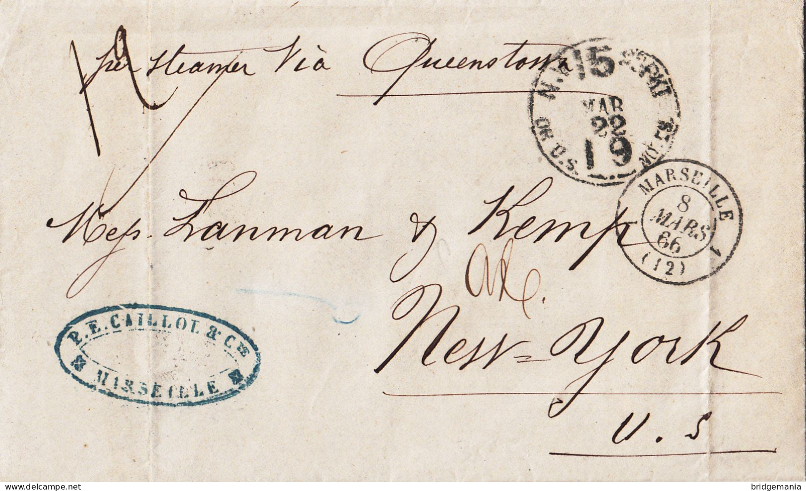 MTM146 - 1866 TRANSATLANTIC LETTER FRANCE TO USA Steamer AUSTRALASIA CUNARD - UNPAID - DEPRECIATED CURRENCY - Marcofilie