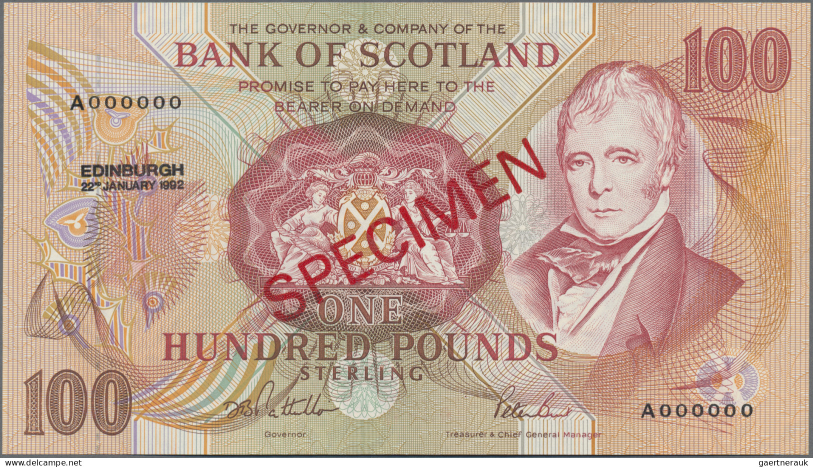 Scotland: Bank Of Scotland, 100 Pounds 22nd January 1992 SPECIMEN, Signatures: P - Other & Unclassified