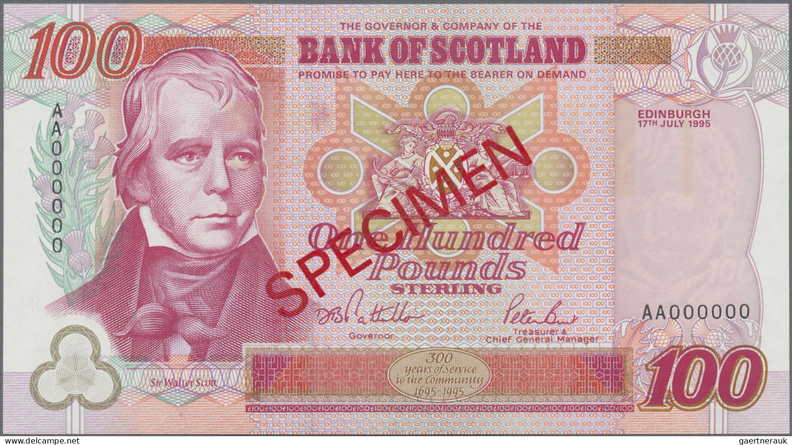 Scotland: Bank Of Scotland, 100 Pounds 17th July 1995 SPECIMEN, Signatures: Patt - Autres & Non Classés